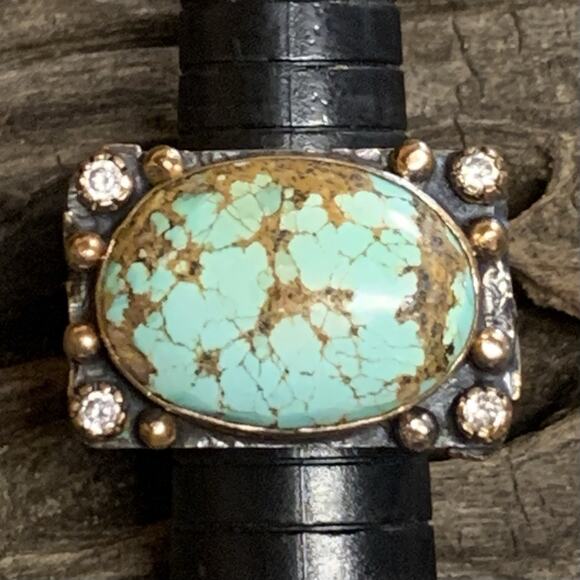 BORA Ring Size 9 Oxidized Sterling Silver, Bronze, CZ & LargeTurquoise Stone - Picture 6 of 7